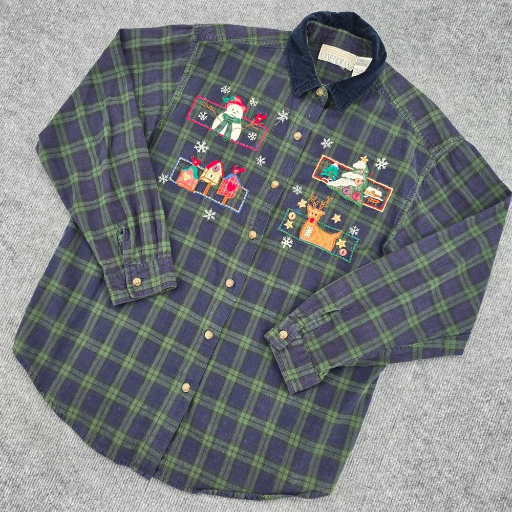 Casey & Max Christmas Plaid Flannel Shirt Green Navy Corduroy Collar Large